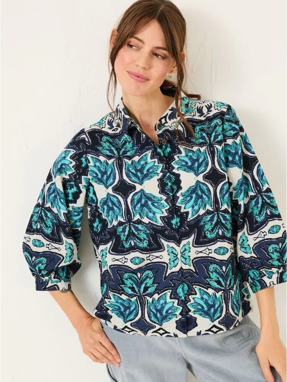 FatFace Roxi Jade Green Sketched Leaves Shirt 100% Cotton UK 16 US 12
